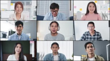 Bir grup genç Asyalı iş adamı, iş arkadaşı çevrimiçi video konferans görüşmesi, uzak takım toplantısı. Evde çalışmak, internet iletişim teknolojisi, koronavirüs sosyal mesafeli yaşam tarzı