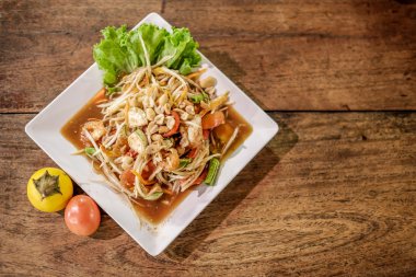 Somtum, papaya salad with shrimp, spicy Thai food dish
