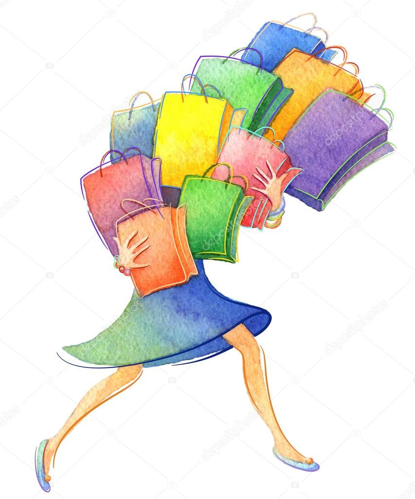 The watercolor sketch of woman with a lot of shopping bags isolated on white background