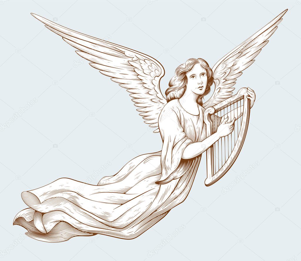 Flying angel with a harp. Biblical illustration in old engraving style. Hand drawn vector illustration