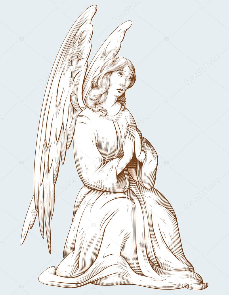 Praying sorrowful Angel. Religious symbol of Christianity. Biblical illustrations in old engraving style. Decor for religious holidays. Hand drawn vector illustration.