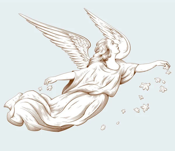 带着花的飞行天使古老版画风格的圣经插图 宗教节日装饰 手绘矢量图解 — 图库矢量图片