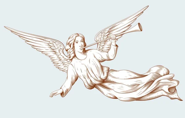 Anjo Voador Com Trompete Ilustrações Bíblicas Estilo Gravura Antiga Decoração — Vetor de Stock