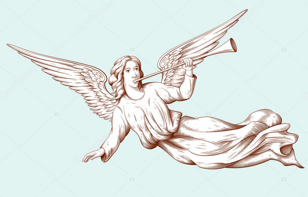 Flying angel with trumpet. Biblical illustrations in old engraving style. Decor for religious holidays. Hand drawn vector illustration