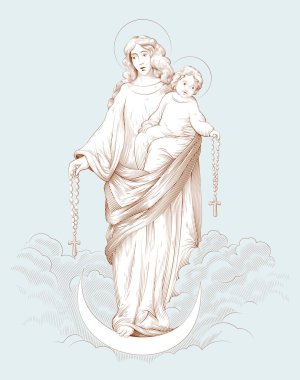 Bulutlarla çevrili bebek İsa Mesih 'i tutan Meryem Ana ya da Meryem Ana. Cennette dini bir sahne. Antik oymacılık tarzında incilsel çizimler. Vektör illüstrasyonu.