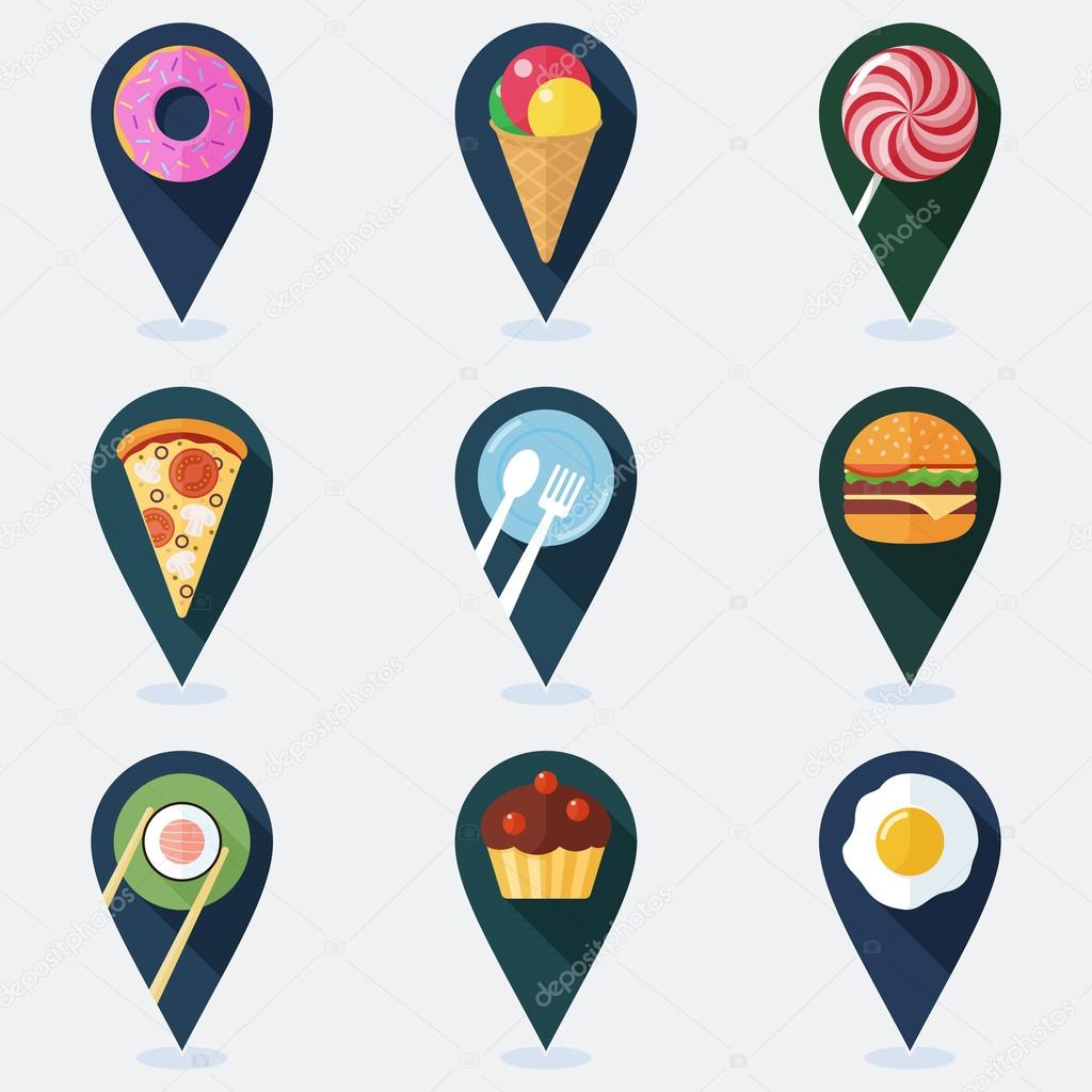 Set of colorful markers for map with food flat icons