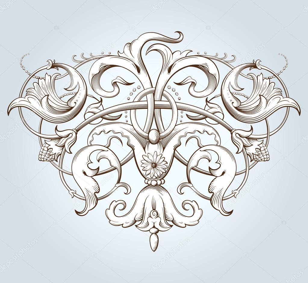 Vintage decorative element engraving with Baroque ornament pattern