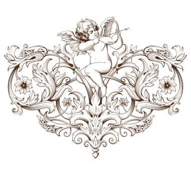 Vintage decorative element engraving with Baroque ornament pattern and cupid clipart