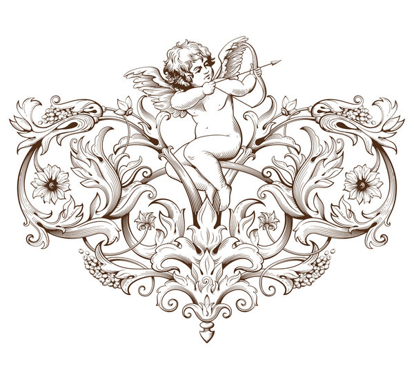 Vintage decorative element engraving with Baroque ornament pattern and cupid