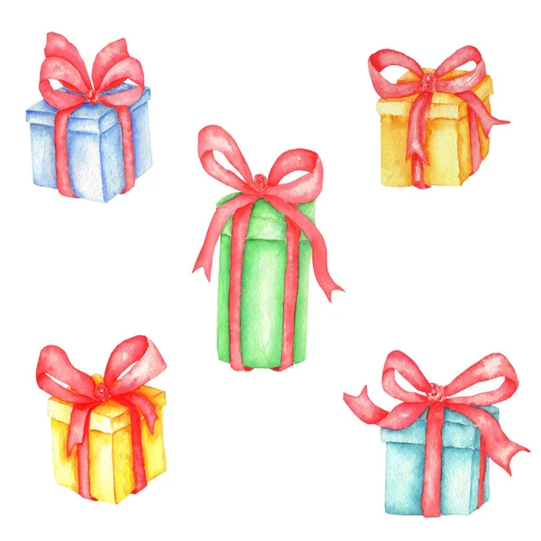 Set of new year watercolor gift boxes for celebrate. Celebrate merry happy Christmas watercolor gift boxes. Hand draw  watercolor Illustration.