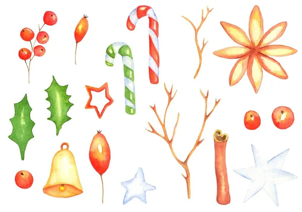 Σετ Ακουαρέλες Για Την Πρωτοχρονιά Και Χριστούγεννα Για Δωροκάρτες Σχεδίαση — Φωτογραφία Αρχείου