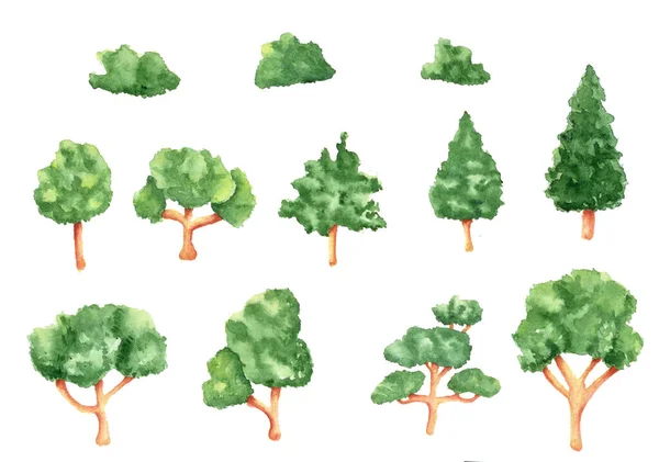 Conjunto Aquarela Árvores Arbustos Para Aldeia Parques Para Cartões Presente — Fotografia de Stock
