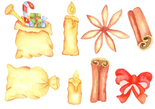 Akvarell Készlet Képek Szilveszterkor Karácsonykor Ajándék Kártyák Akvarell Kézi Rajz — Stock Fotó
