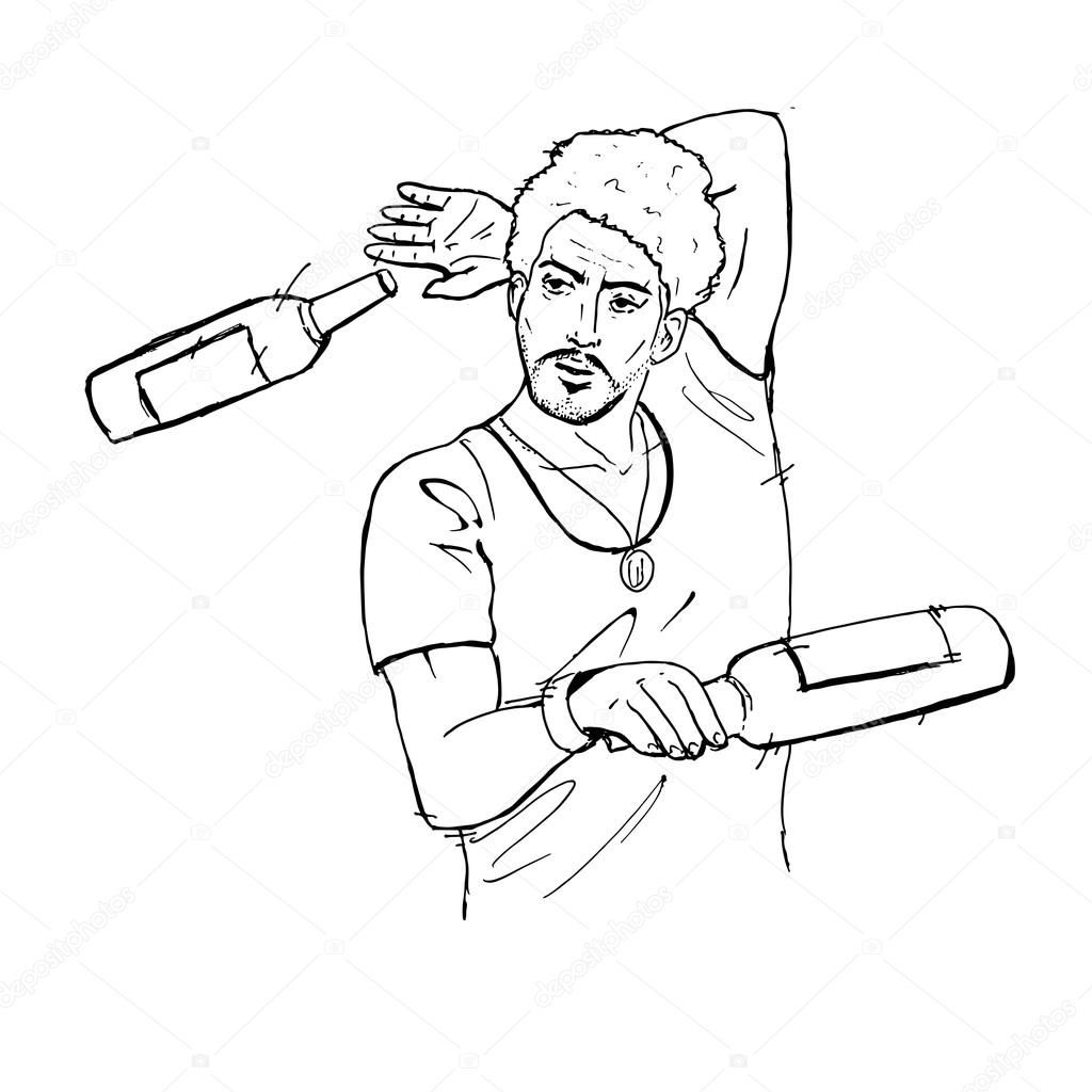 Barman in work. Hand drawn vector stock illustration. Black and white whiteboard drawing