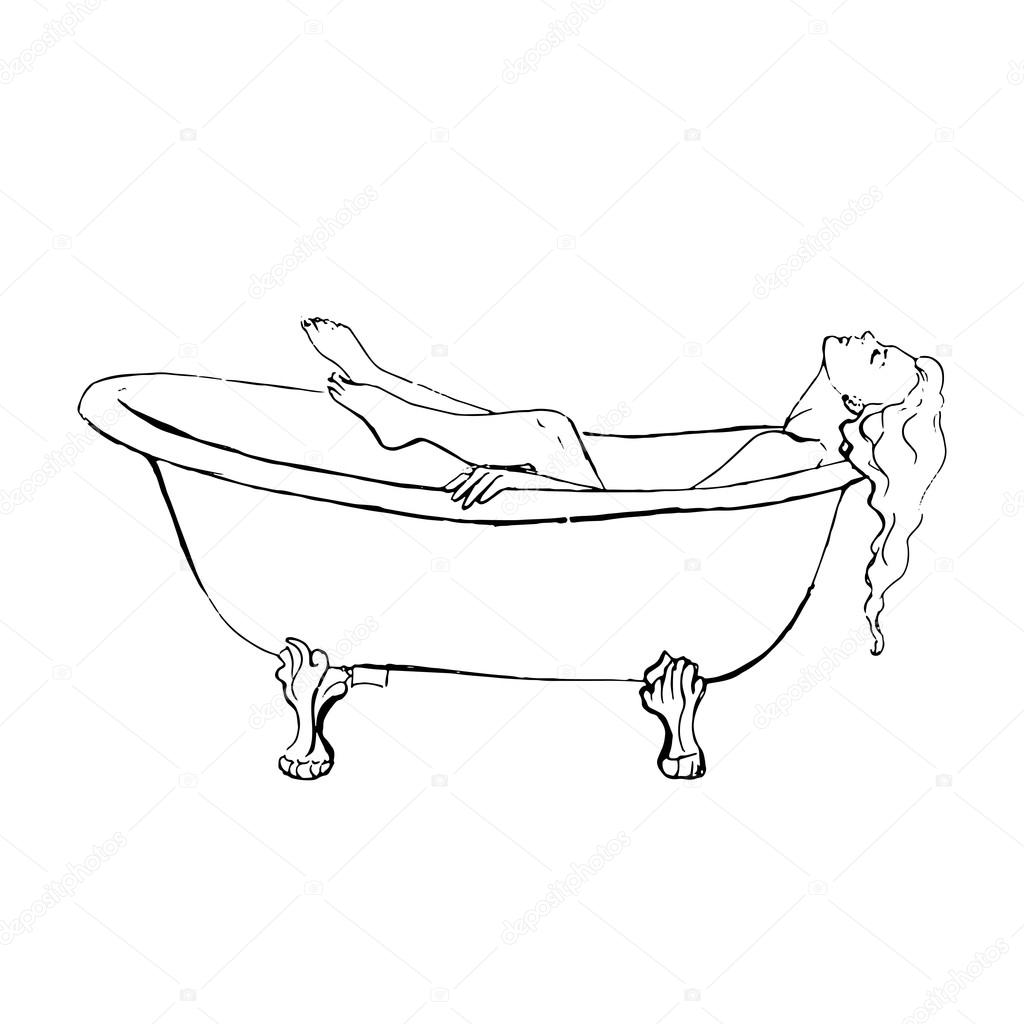 Woman Relaxing In Bath With Eyes Closed Hand Drawn Vector Stock Illustration Whiteboard Black 