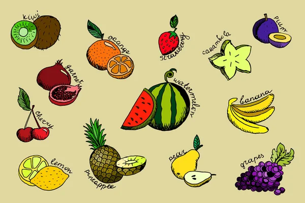 Conjunto de ícones de frutas coloridas dos desenhos animados . — Vetor de Stock