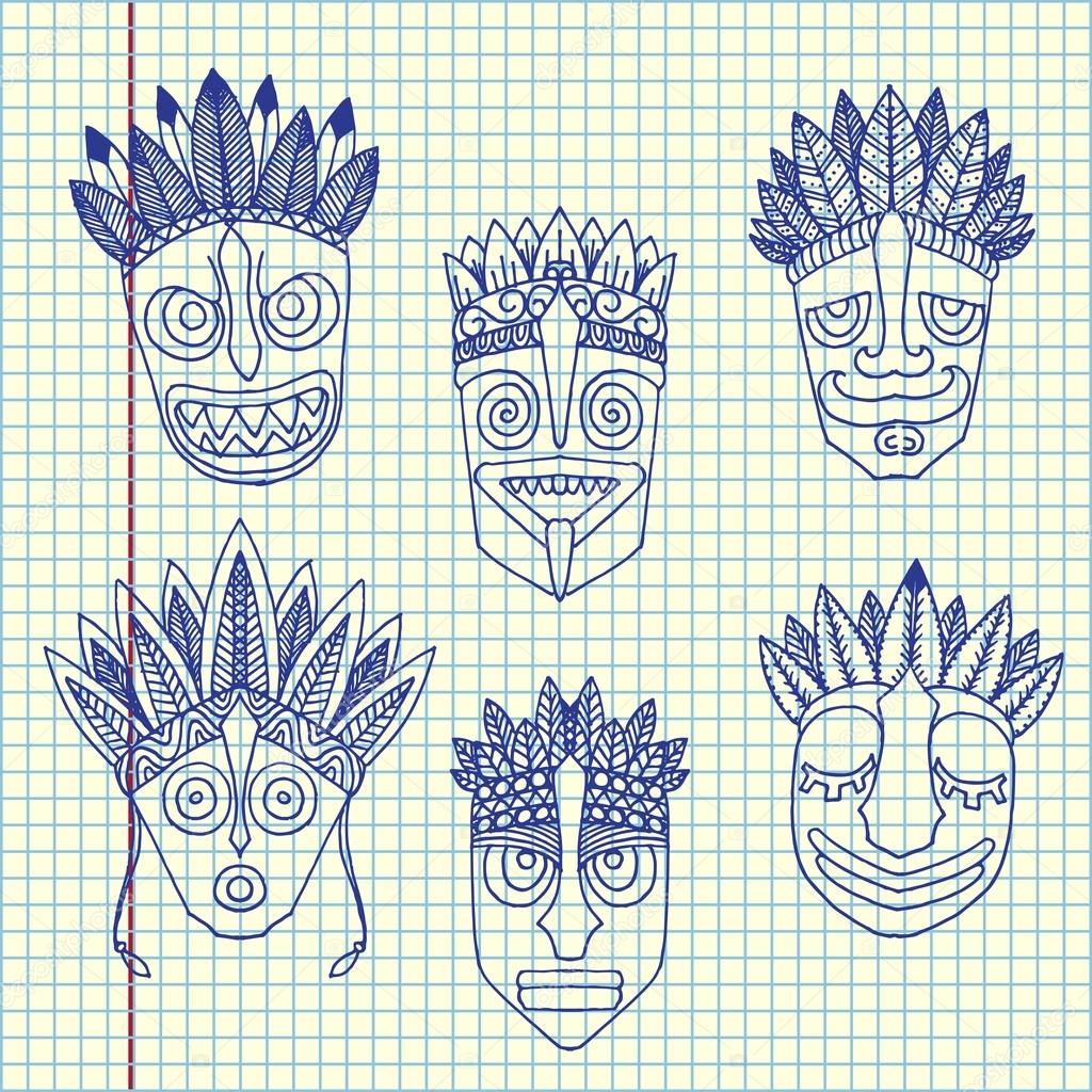 Set of African Ethnic Tribal masks on white background.