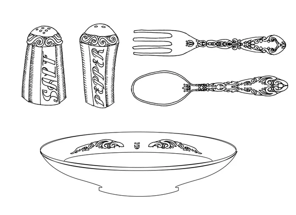 Тарілка з столовими приборами, сіллю та перцем — стоковий вектор