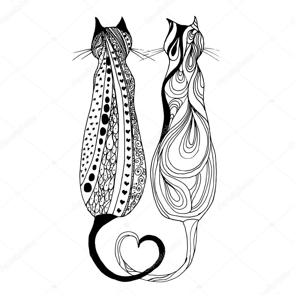 Cute doodle cat. Vector hand drawn kitten with decorative ornament.