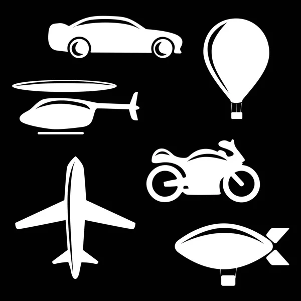 Ilustração vetorial de veículos monocromáticos simples e ícones relacionados com o transporte — Vetor de Stock