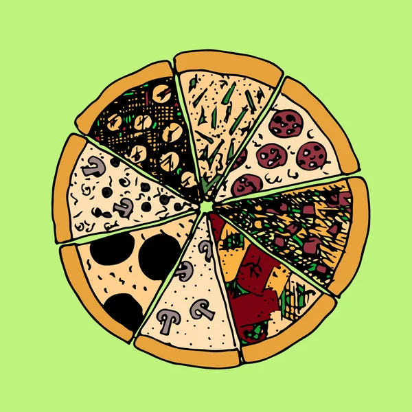 Vágjuk szeletekre finom friss pizza gombával, pepperoni — Stock Vector