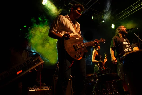 Man playing guitar wearing dark glasses while artificial fog flies in the air illuminated with green light accompanying his group with keyboardist, bassist, vocalist and guitarist setting Mexico City in nightlife