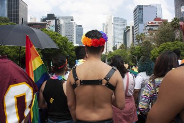 Mexico City, MEXICO - 29 Haziran 2019: Meksika 'da LGBTTI gururu için kral ve kraliçe tacı giyen insanlar artı gökkuşağı bayrağı