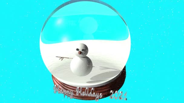 玻璃球 内装雪人 头戴胡萝卜鼻子 手握树枝 纽扣眼 节日快乐 2021年字母 — 图库视频影像