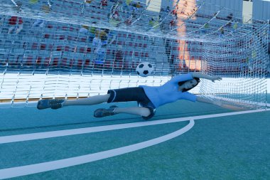 Futbol maçında top kaçıran bayan kaleci. Gün batımında tezahürat yapan 3D.