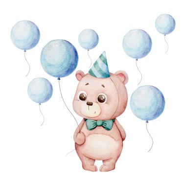 Parti şapkası ve papyon takan şirin bir oyuncak ayının suluboya çizimi. Elinde açık mavi balonlu mavi bir balon var. Bebek partisi davetiyeleri ve çocuk partisi tasarımı için mükemmel..