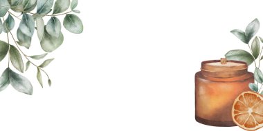 Okaliptüs dallarından yapılmış, koyu cam bir mum ve kurumuş portakal dilimli bir dekoratif çerçevenin suluboya çizimi. Sıcak kış dekorasyonu, mum markalaşması ve tatil tasarımı için mükemmel..