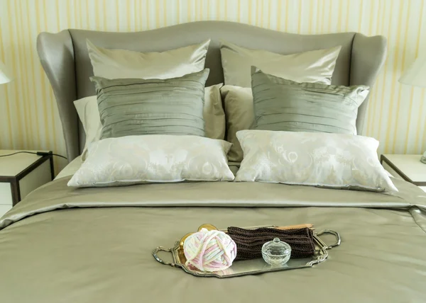 Tray of crochet on bed in luxury bedroom — Stock Photo, Image