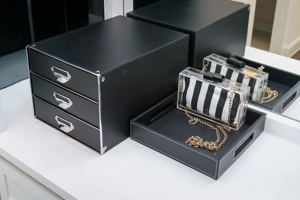 handbag and makeup box on a dressing table