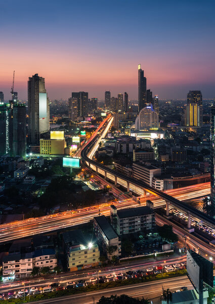 Bangkok city night view with main traffic