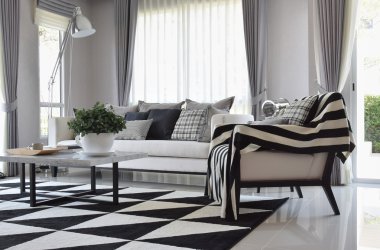 siyah ve beyaz ekose desenli deseni yastık ve halı ile modern oturma odası iç