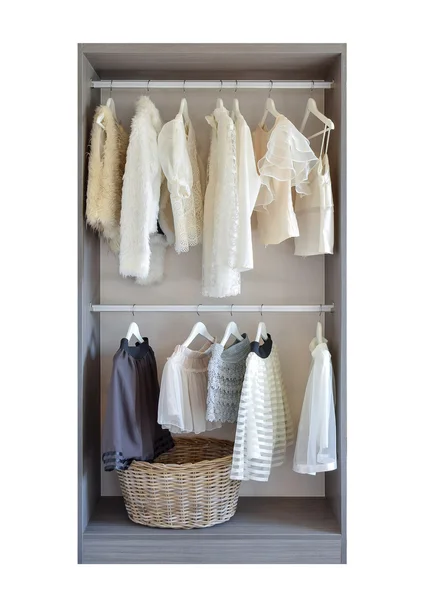 Modern closet with row of white dress and shoes hanging in wardrobe — Stock Photo, Image