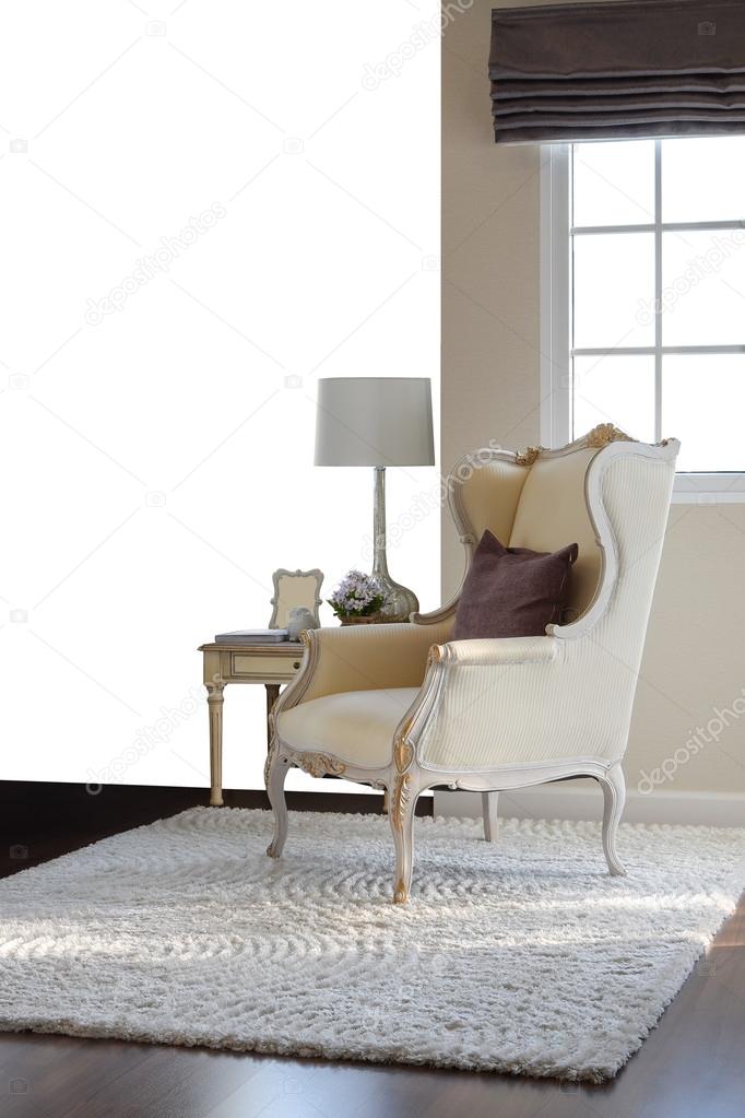 classic chair with brown pillow on carpet in vintage style interior isolate on white background