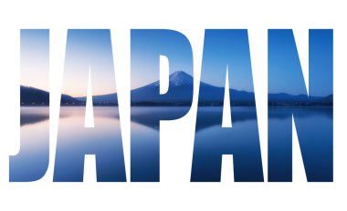 Japonya huzurlu lake yansıması ile şafak Fuji Dağı kelime
