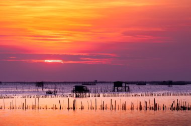 günbatımı evinde Tay Balık tutma silüeti