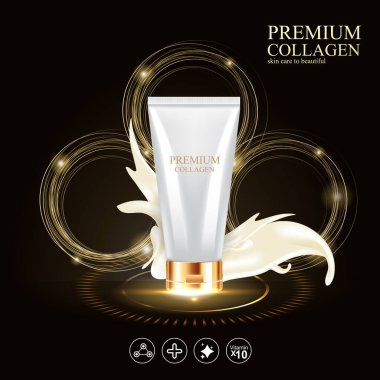 Premium Collagen Serum ve Vitamin Vektörü Arkaplanı.