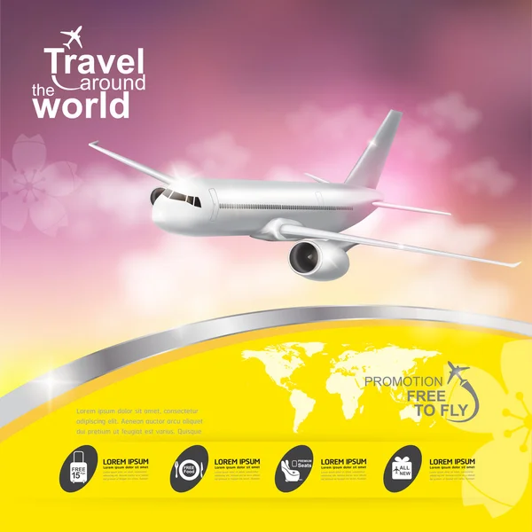 Pesawat Vector Concept Travel keliling dunia - Stok Vektor