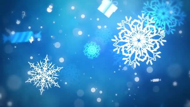 Latający płatki Boże Narodzenie i prezenty, niebieski, zapętlony — Wideo stockowe