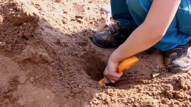 Un niño jugando en la arena, día caluroso de verano — Vídeos de Stock