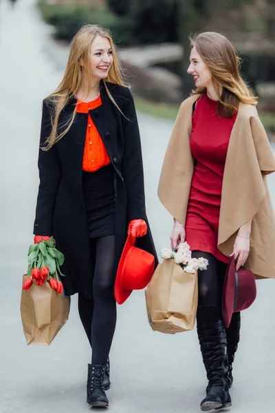 Två upptagen kvinna gå på gatan, prata med varandra — Stockfoto