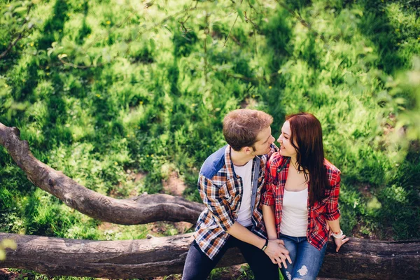 Preciosa pareja sentada en el fondo del parque —  Fotos de Stock