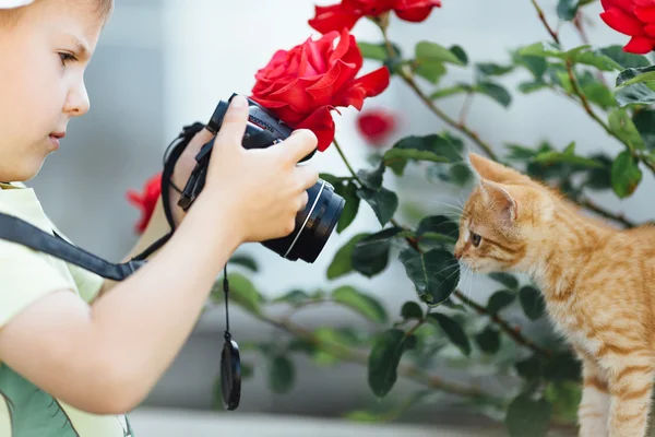 Jovem menino tirando fotos de seu pequeno gato — Fotografia de Stock