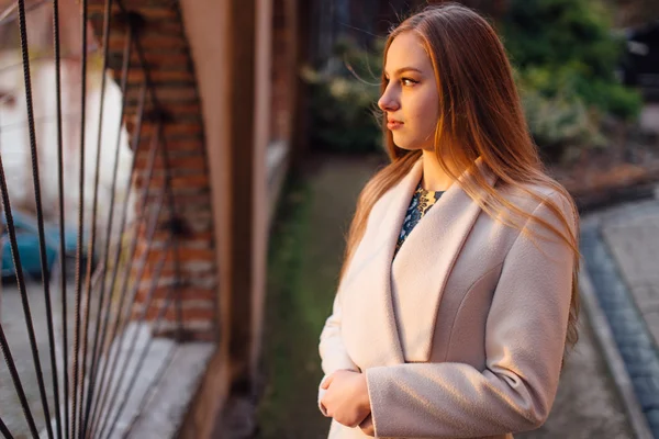 Menina com cabelos muito longos em pé no fundo do pôr do sol — Fotografia de Stock