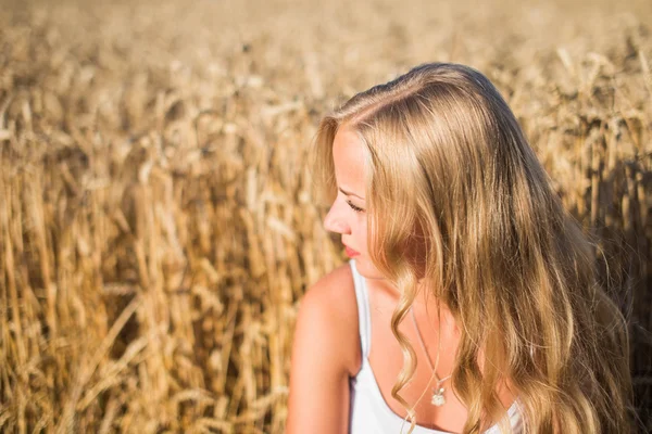 Jovem está sorrindo no campo, pôr do sol, hora de verão — Fotografia de Stock