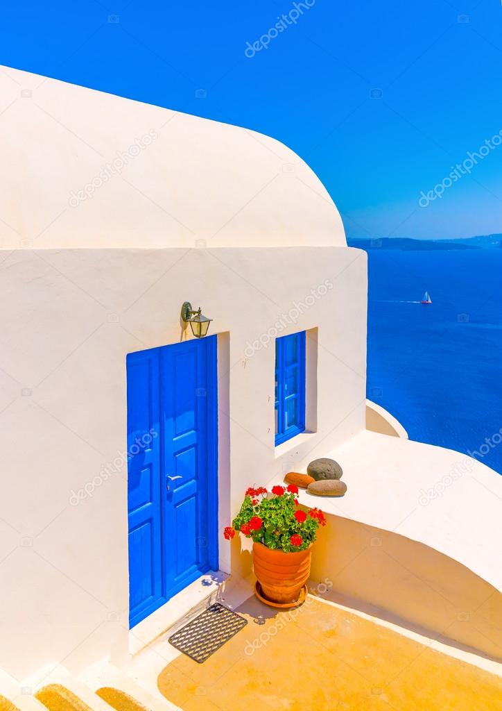 Blue doors in traditional  greek house