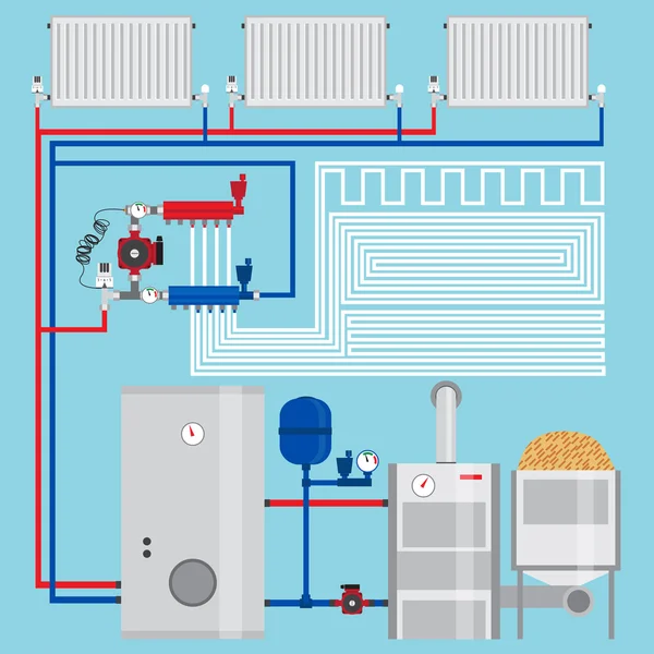 Sistema de calefacción que ahorra energía. Caldera de pellets, sistemas de calefacción wi — Archivo Imágenes Vectoriales